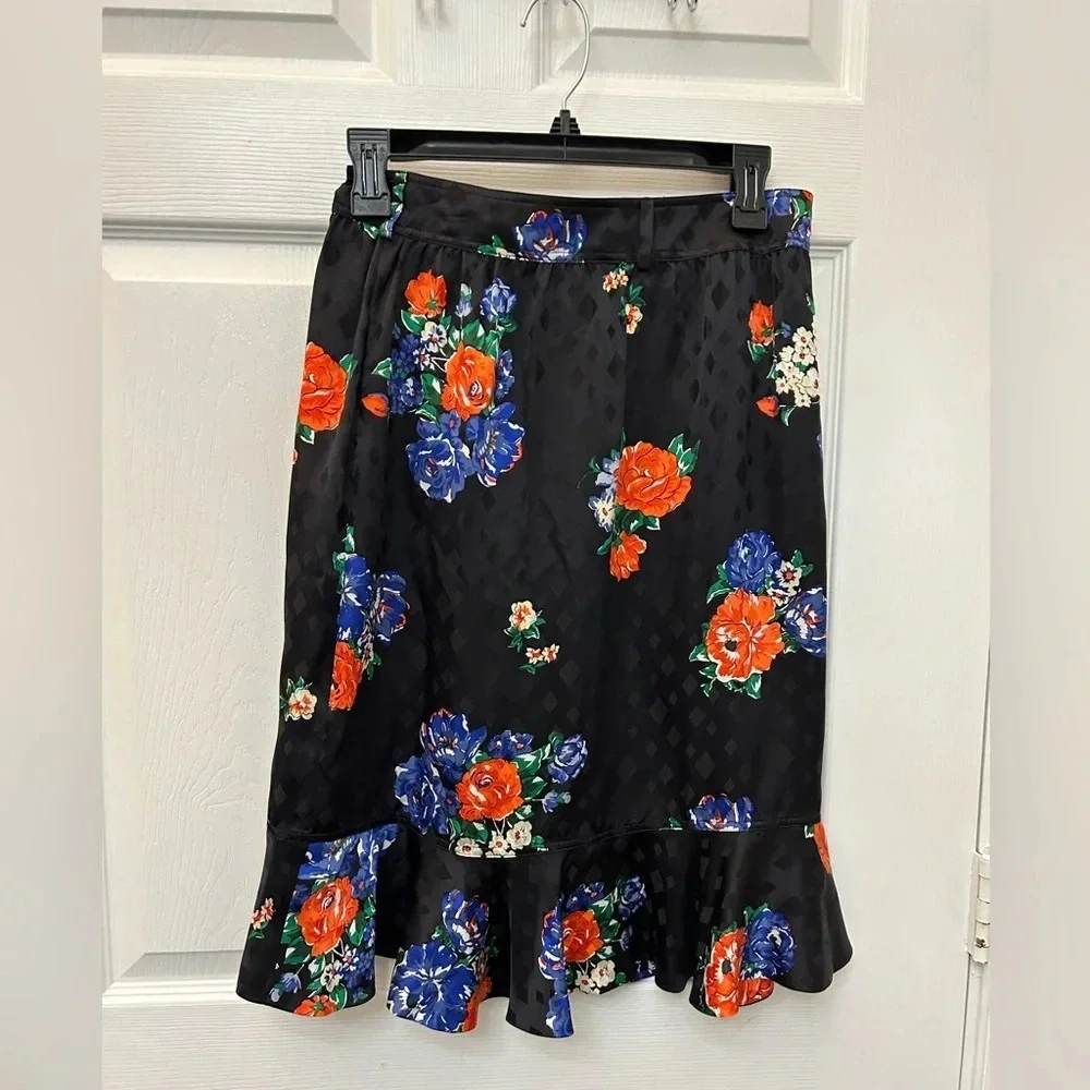 Tory Burch Womens Ruffled Floral Silk Jacquard Skirt 6 Navy Tea Rose - NWT $498
